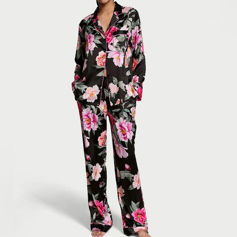 Victoria's Secret Black Floral Bouquet Satin Long Pyjama Set